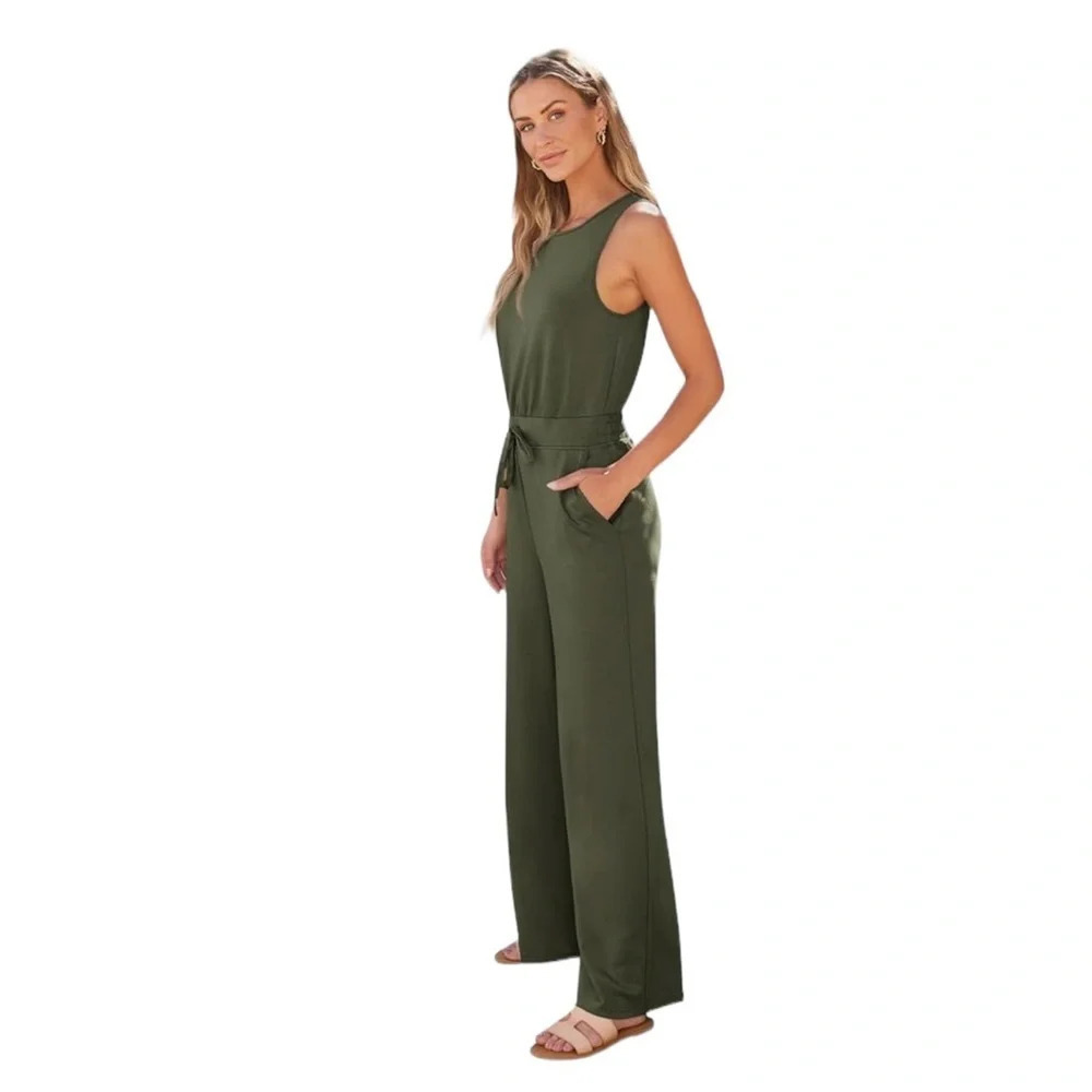 XS Hunter Green Wide Leg Jumpsuit Sleeveless High Neck Stretchy Chic Minimalist